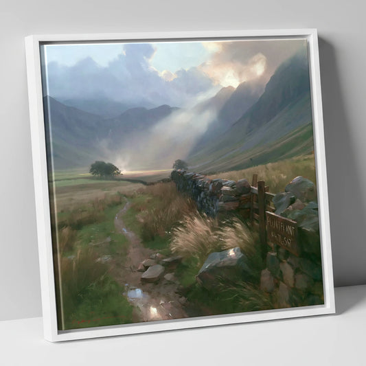 Valley Drystone Wall Under Sunburst lake district valley canvas wall art in white frame