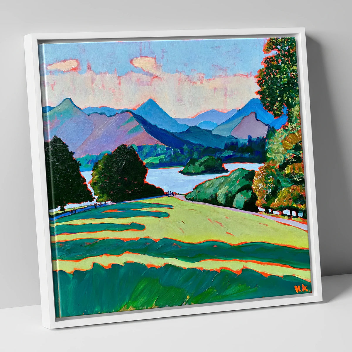 Vibrant Derwentwater From Crow Park lake district village canvas wall art in white frame