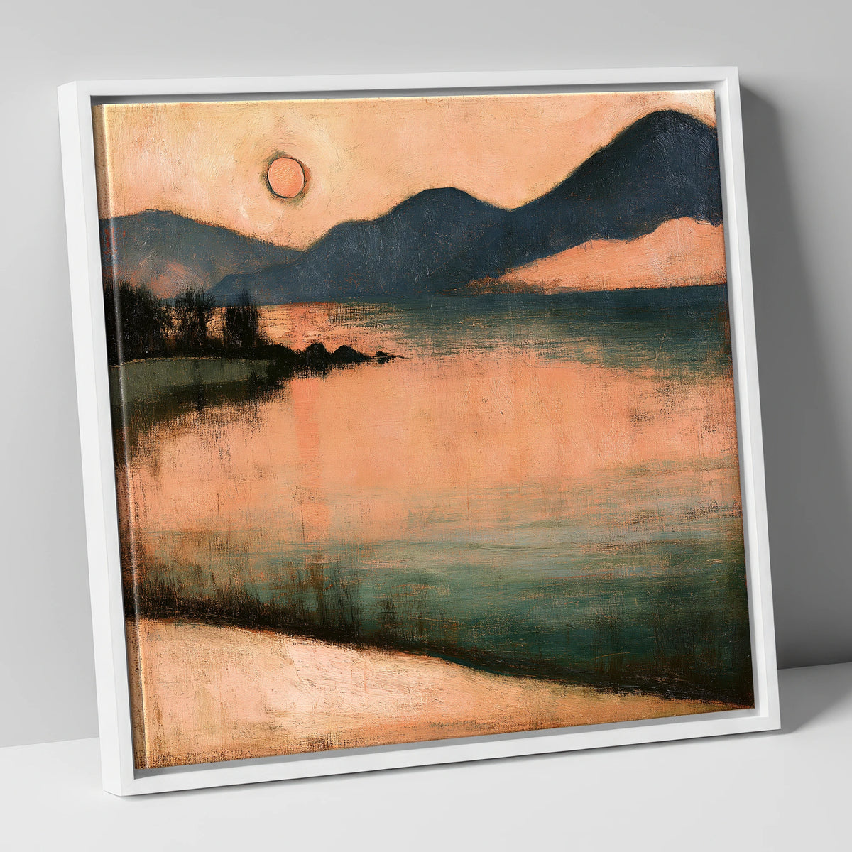 Terracotta Sunset Over Lakeland Water lake district lake canvas wall art in white frame