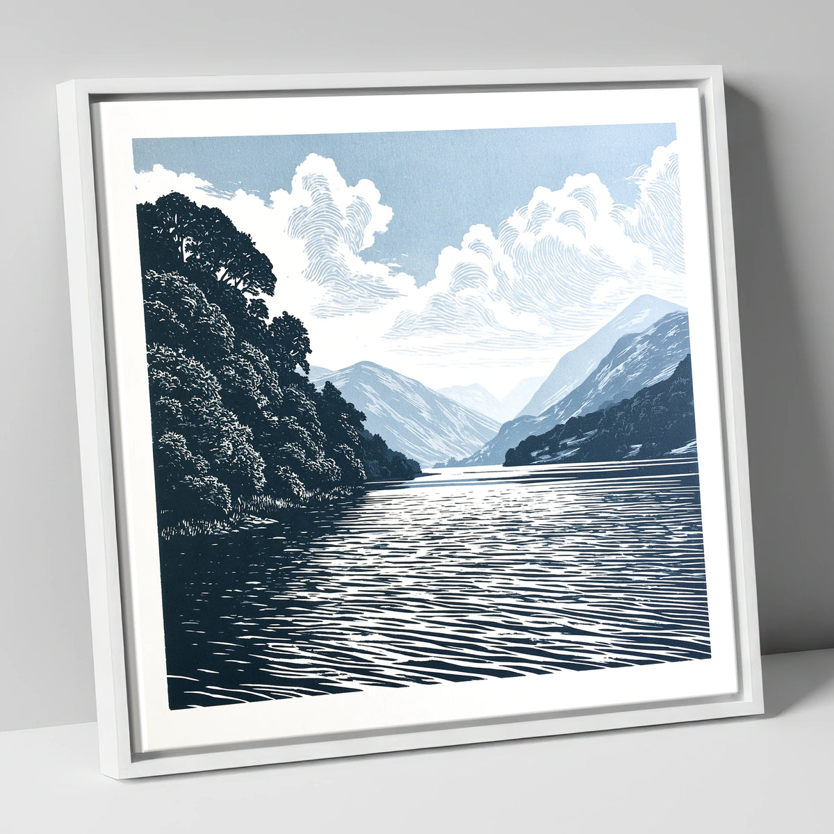 Deep Blue Coniston Water Fells lake district lake canvas wall art in white frame