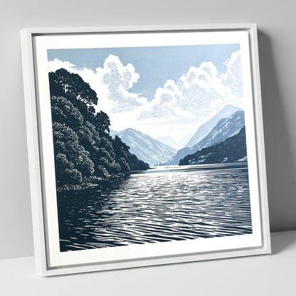 Deep Blue Coniston Water Fells lake district lake canvas wall art in white frame