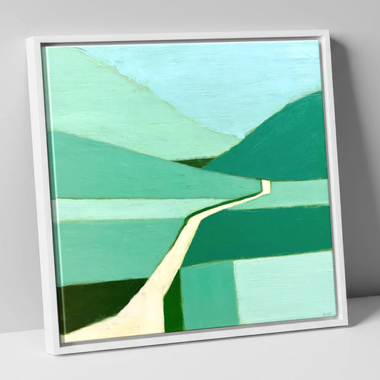 Geometric Honister Pass in Green lake district valley canvas wall art in white frame