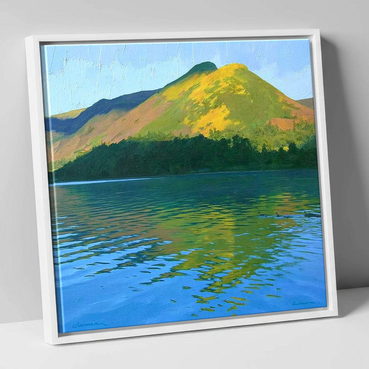 Sunlit Cat Bells Over Water lake district fell canvas wall art in white frame