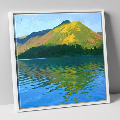 Sunlit Cat Bells Over Water lake district fell canvas wall art in white frame
