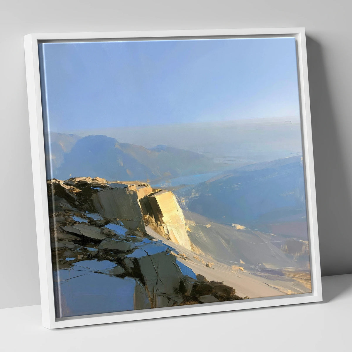Sunlit Summit Over Hazy Fells lake district fell canvas wall art in white frame