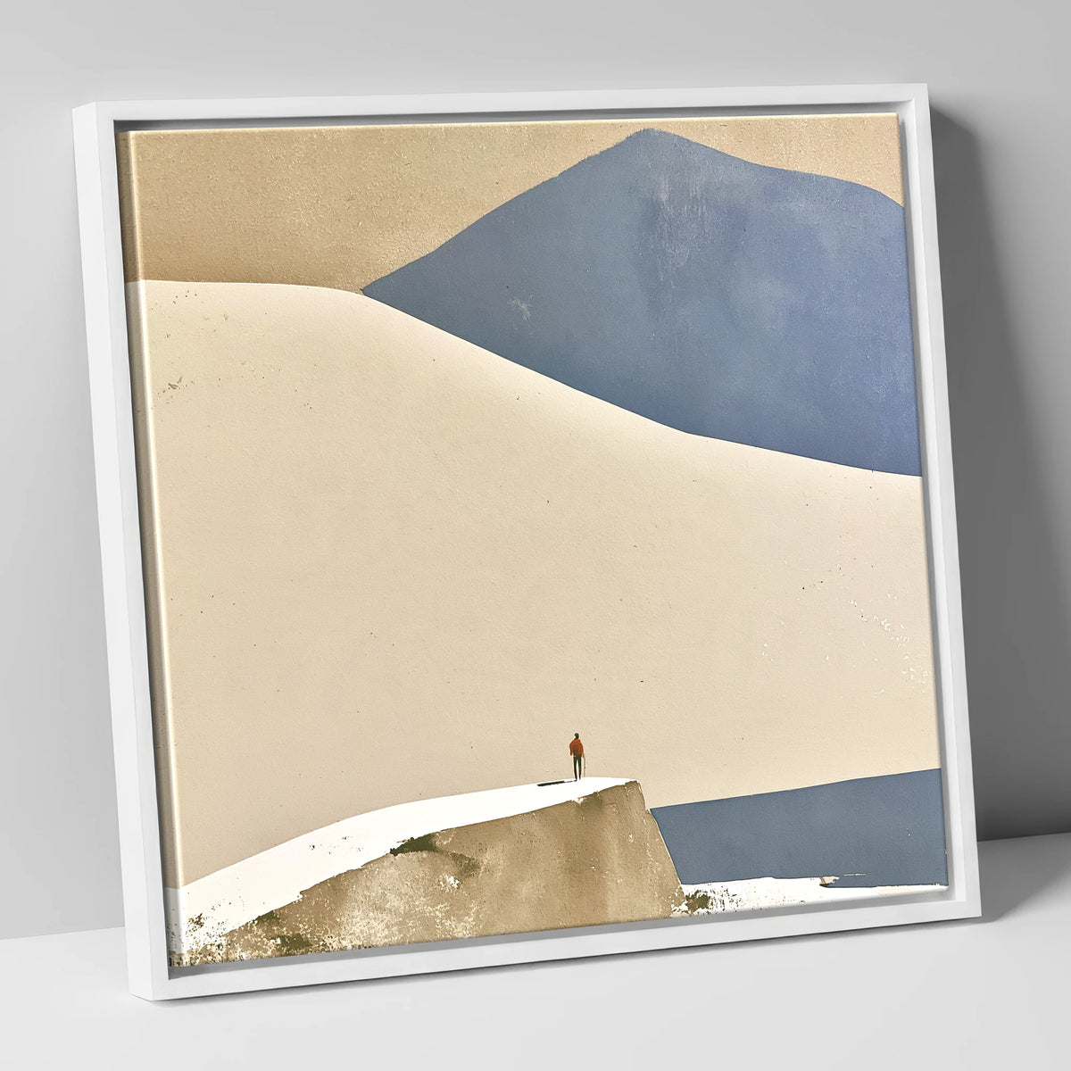 Lone Hiker Against Blue Fells lake district walking canvas wall art in white frame