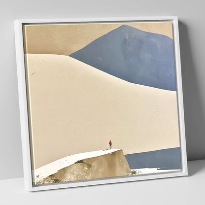 Lone Hiker Against Blue Fells lake district walking canvas wall art in white frame