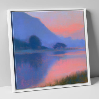 Lake Reflections in Pink Twilight lake district lake canvas wall art in white frame