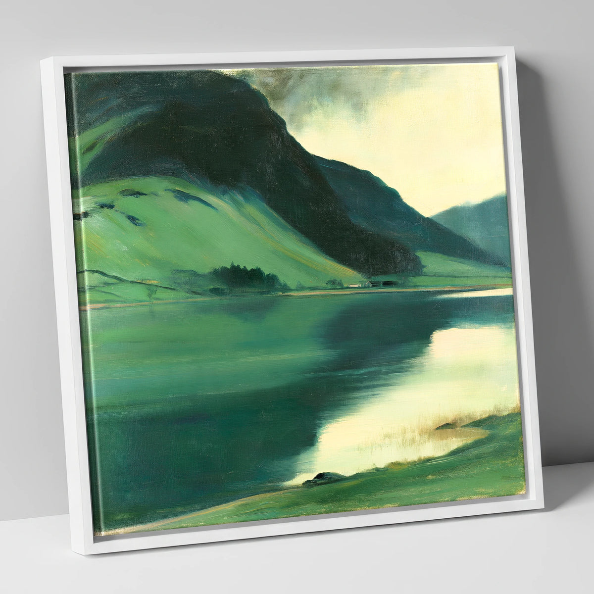 Emerald Fells Over the Lake lake district lake canvas wall art in white frame