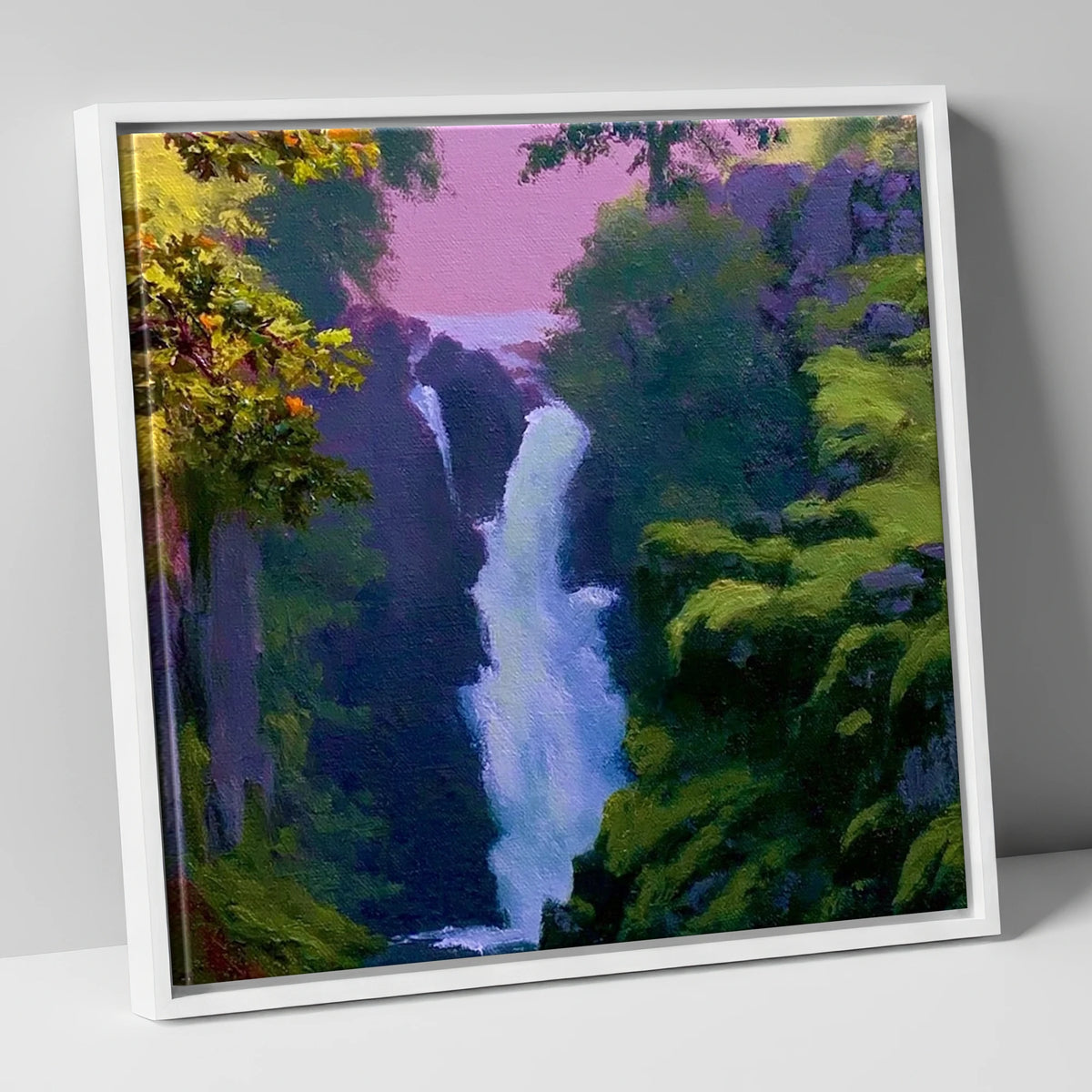 Vivid Aira Force Waterfall lake district waterfall canvas wall art in white frame