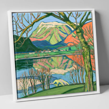Vibrant Fells above Pooley Bridge lake district village canvas wall art in white frame