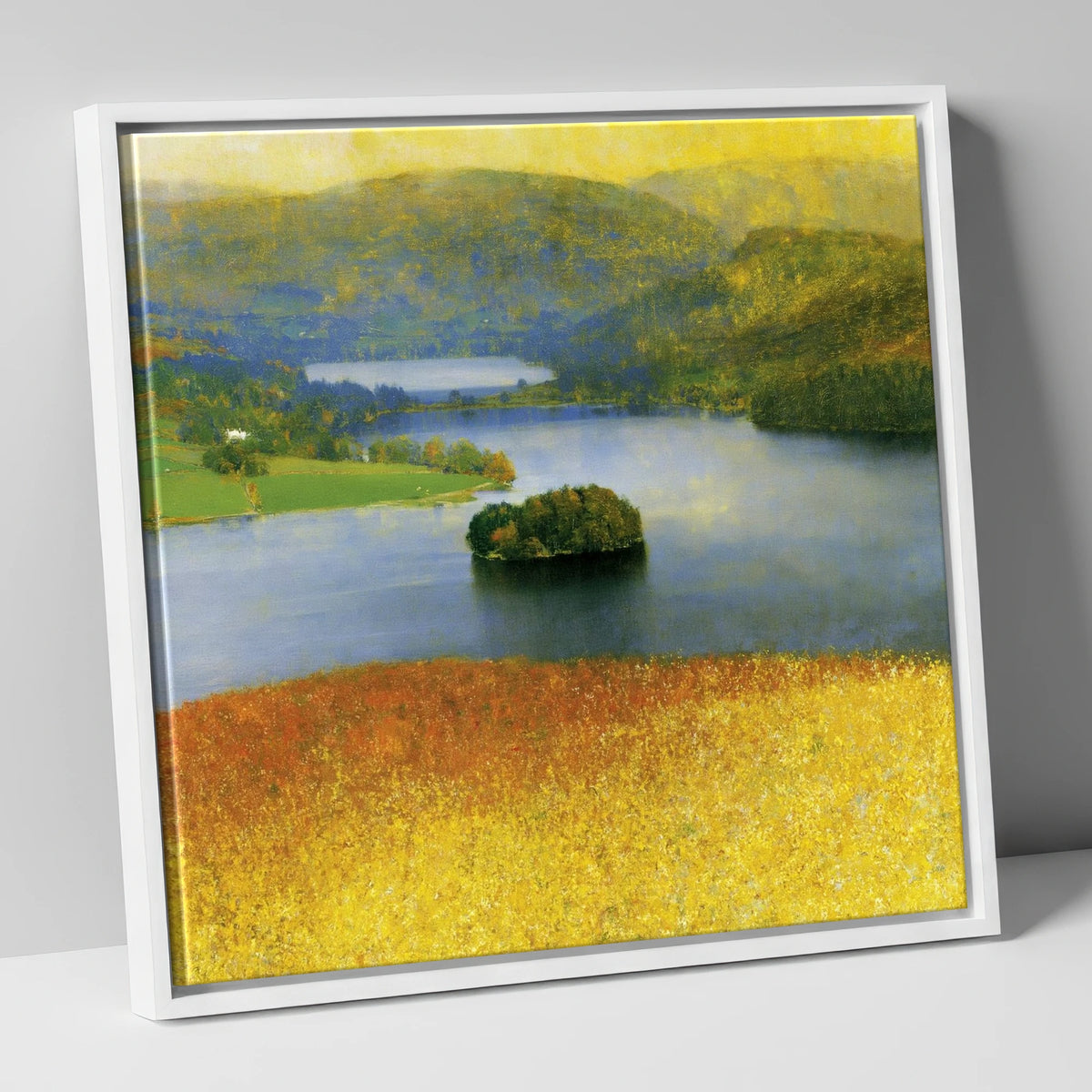 Luminous Grasmere From The Fells lake district lake canvas wall art in white frame
