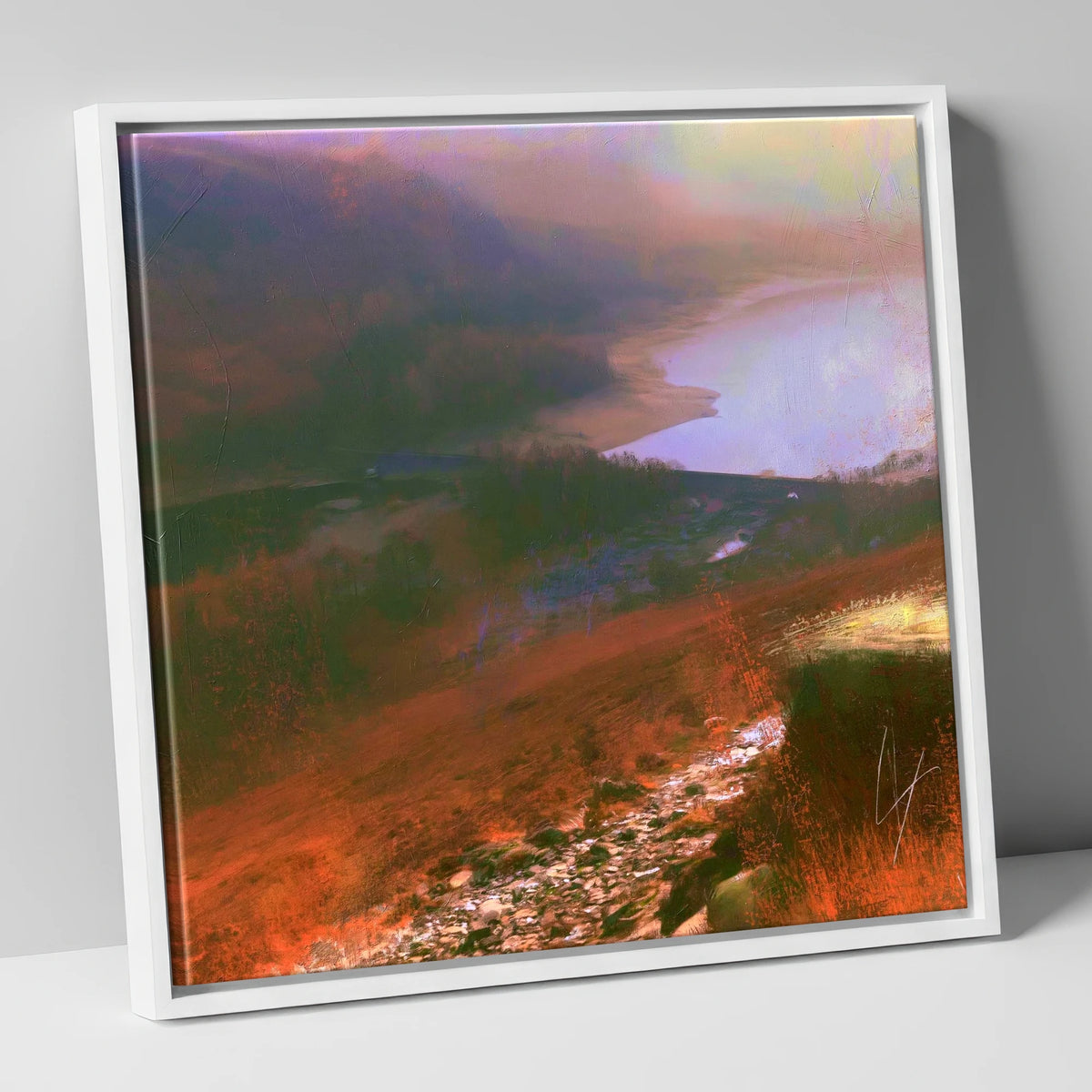 Descending Helvellyn Path to Thirlmere lake district lake canvas wall art in white frame