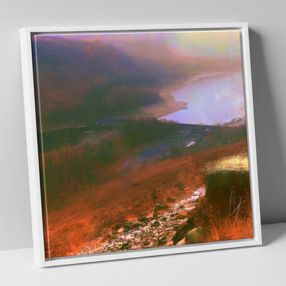 Descending Helvellyn Path to Thirlmere lake district lake canvas wall art in white frame