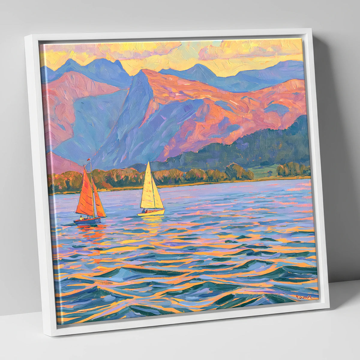 Colourful Evening Sails on Windermere lake district lake canvas wall art in white frame