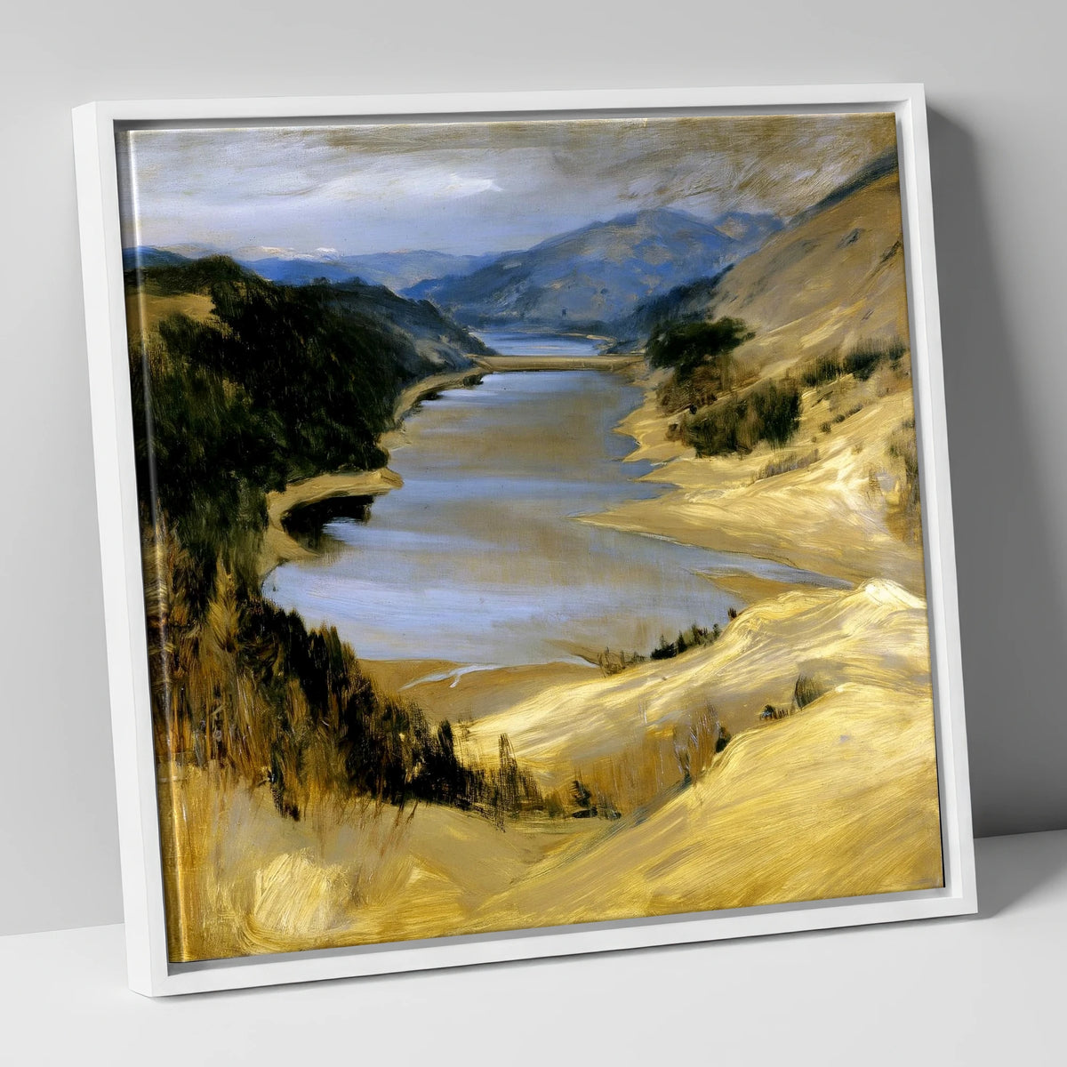 Thirlmere Reservoir in Golden Ochre lake district lake canvas wall art in white frame