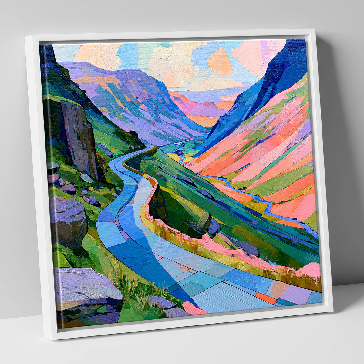 Colourful Winding Mountain Pass lake district valley canvas wall art in white frame