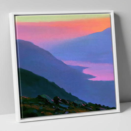 Vivid Sunset Over the Fells lake district fell canvas wall art in white frame