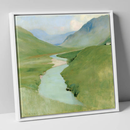 Winding River in Pastel Fells lake district waterfall canvas wall art in white frame
