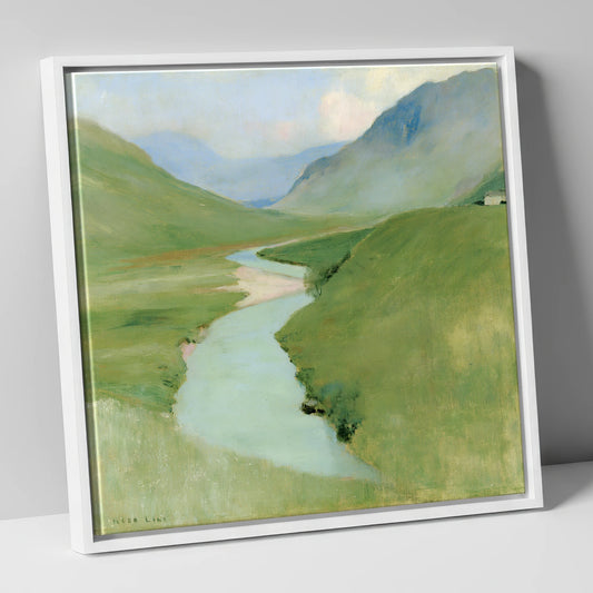 Winding River in Pastel Fells lake district waterfall canvas wall art in white frame