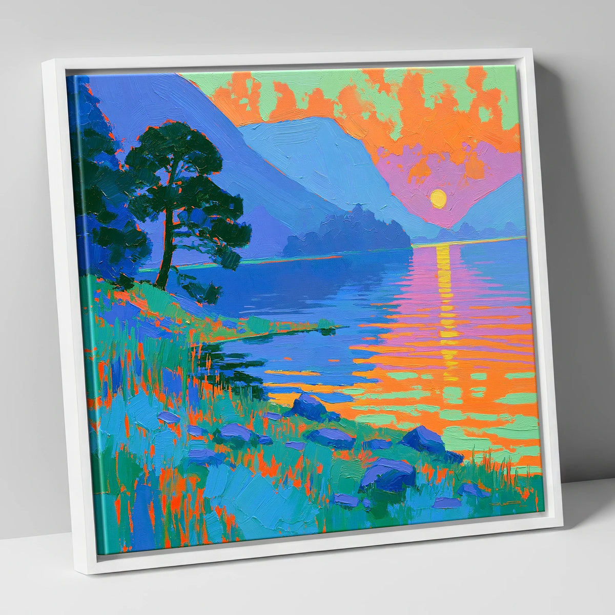 Bold Sunset Over The Lake lake district lake canvas wall art in white frame