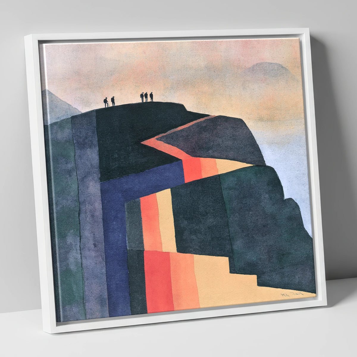 Hikers on Bold Geometric Fells lake district fell canvas wall art in white frame