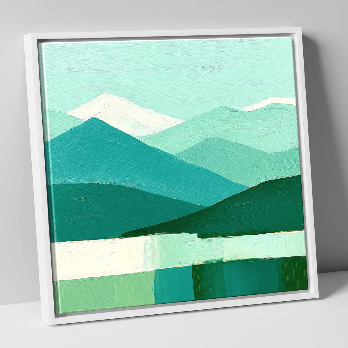 Abstract Teal Scafell Pike lake district fell canvas wall art in white frame