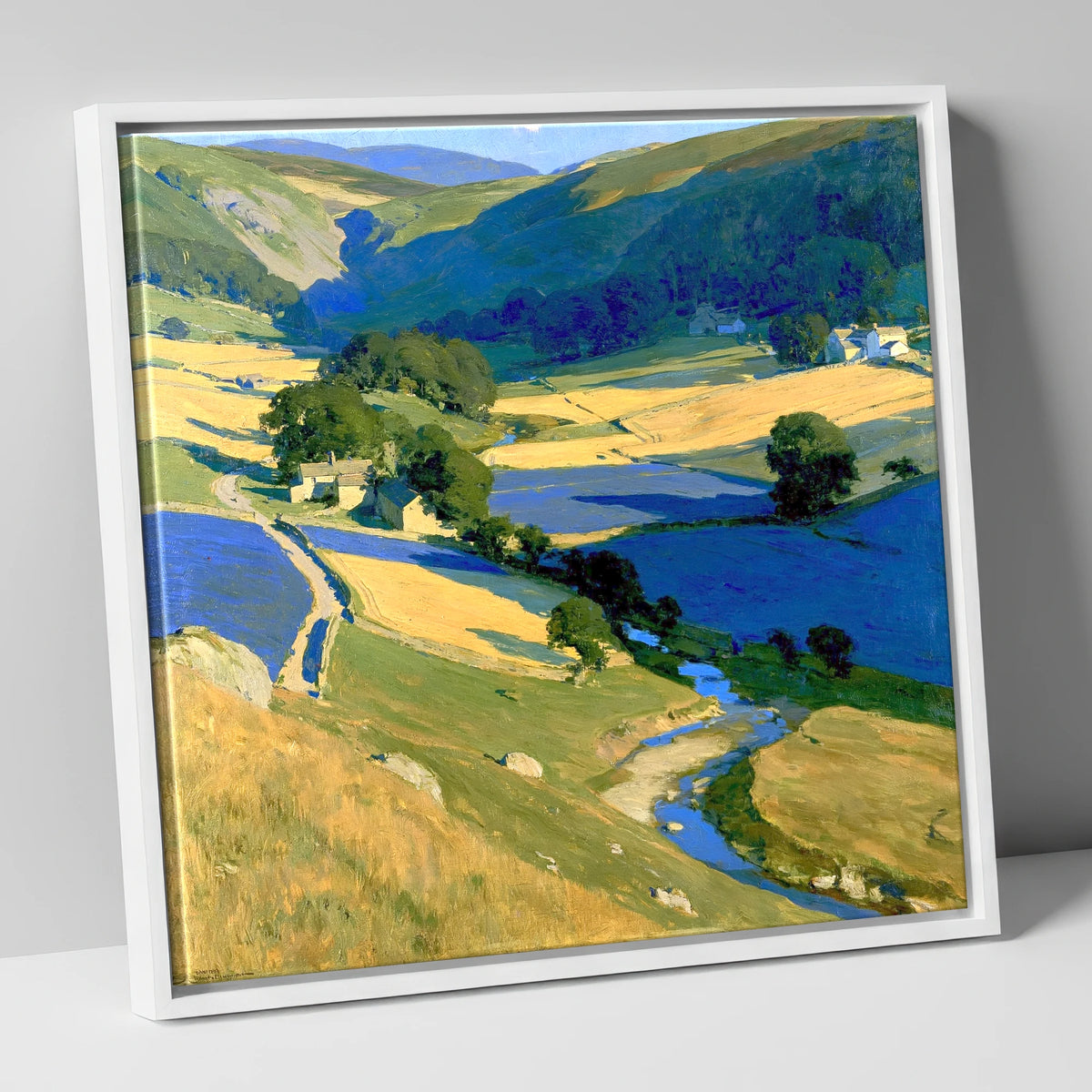 Golden Fields in the Dale lake district valley canvas wall art in white frame