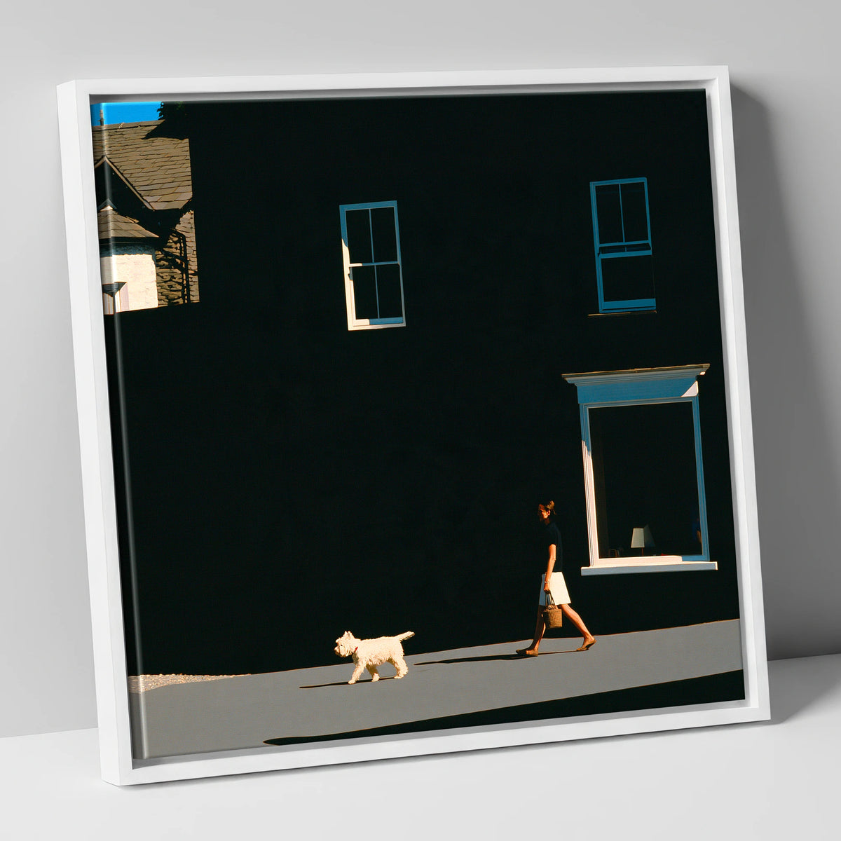 Sunlit Dog Walker in Ambleside gifts for dog walkers canvas wall art in white frame