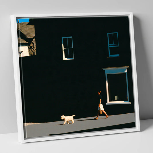 Sunlit Dog Walker in Ambleside gifts for dog walkers canvas wall art in white frame