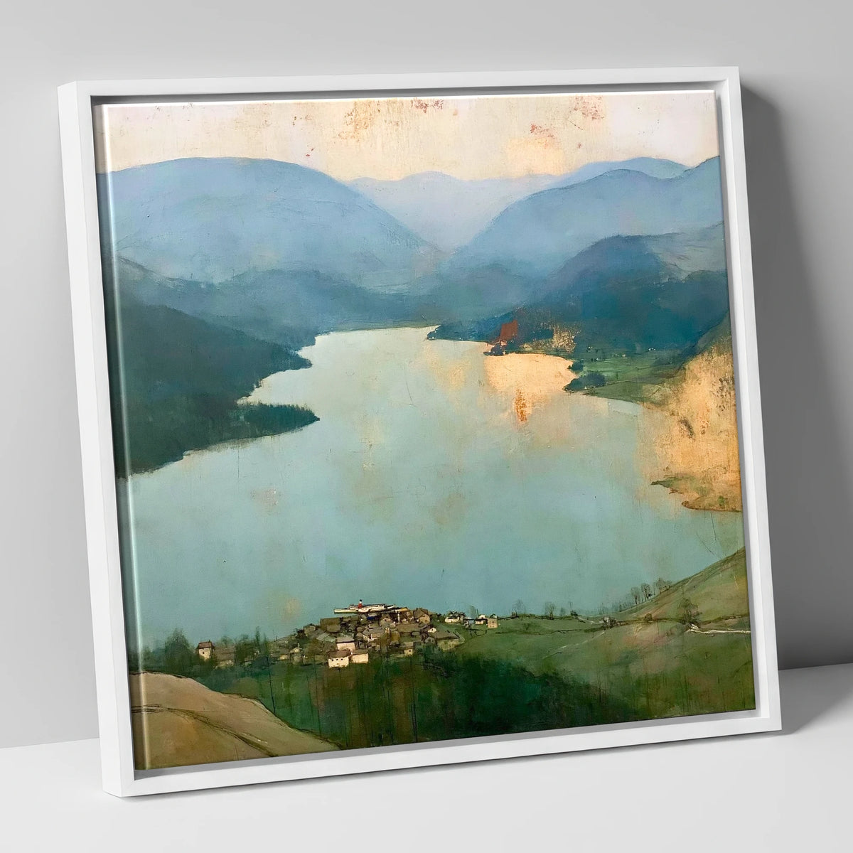 Glenridding and Ullswater in Gold lake district village canvas wall art in white frame