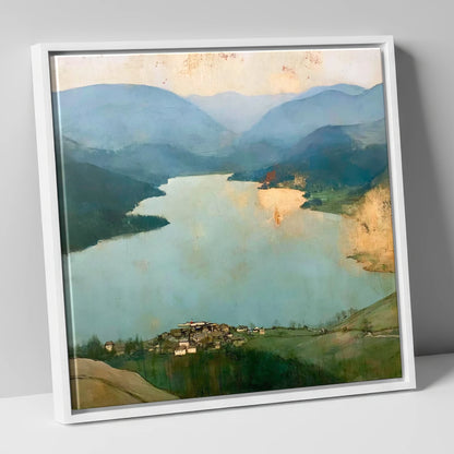 Glenridding and Ullswater in Gold lake district village canvas wall art in white frame