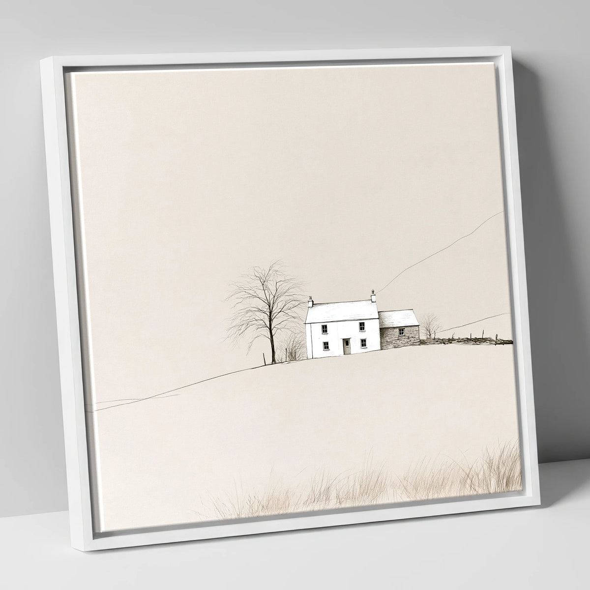 Minimalist White Fellside Cottage lake district village canvas wall art in white frame