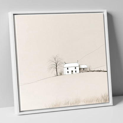 Minimalist White Fellside Cottage lake district village canvas wall art in white frame