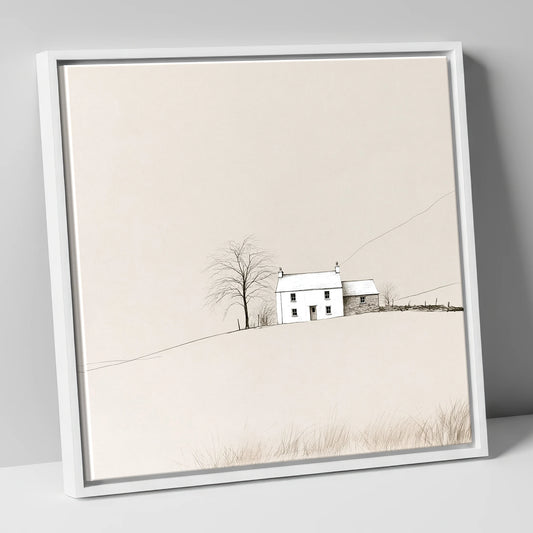 Minimalist White Fellside Cottage lake district village canvas wall art in white frame