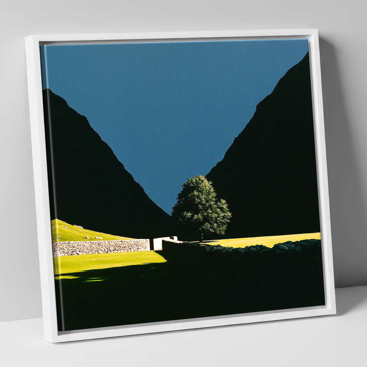 Sunlit Tree Between Silhouetted Fells lake district valley canvas wall art in white frame