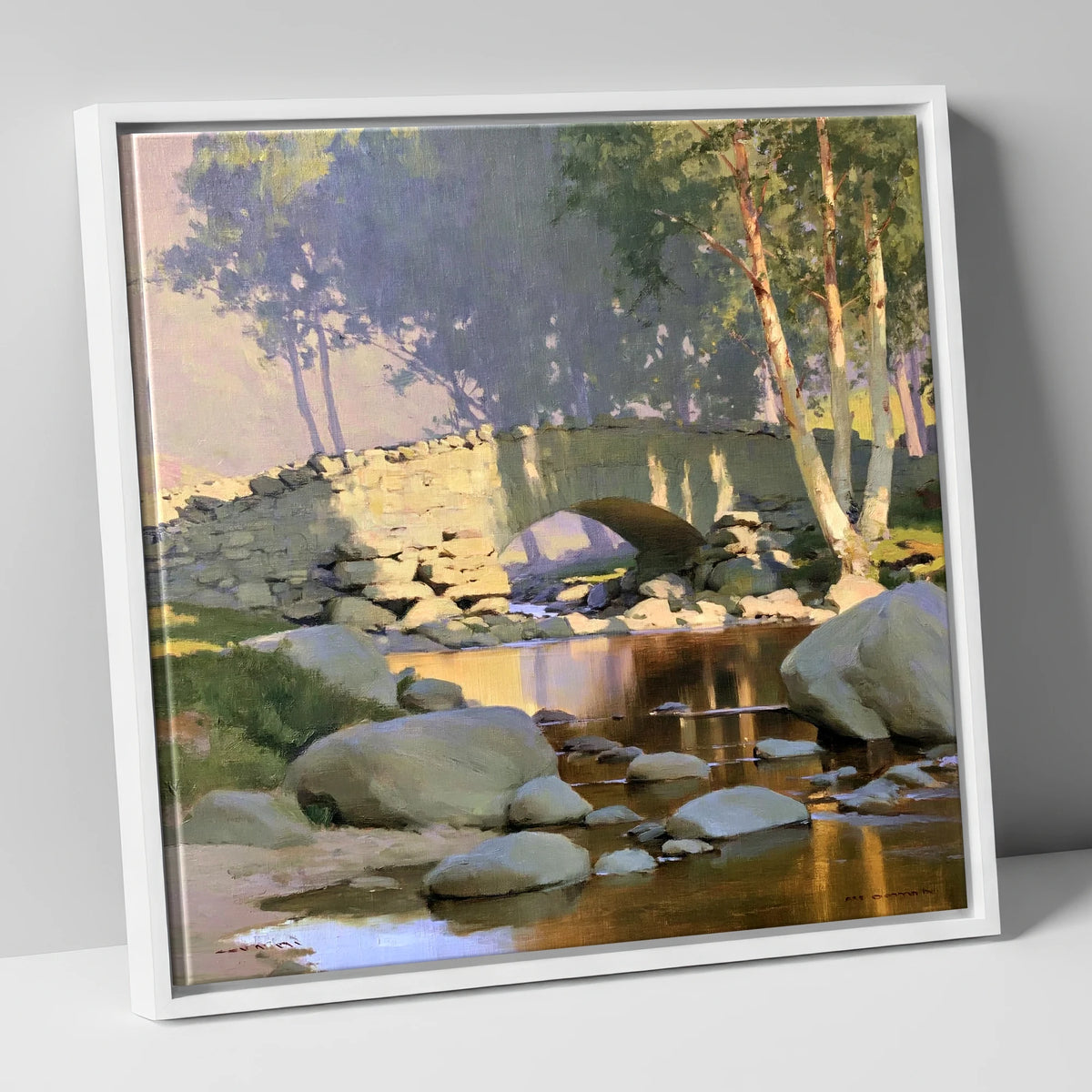 Sunlit Arched Bridge Over Beck lake district waterfall canvas wall art in white frame