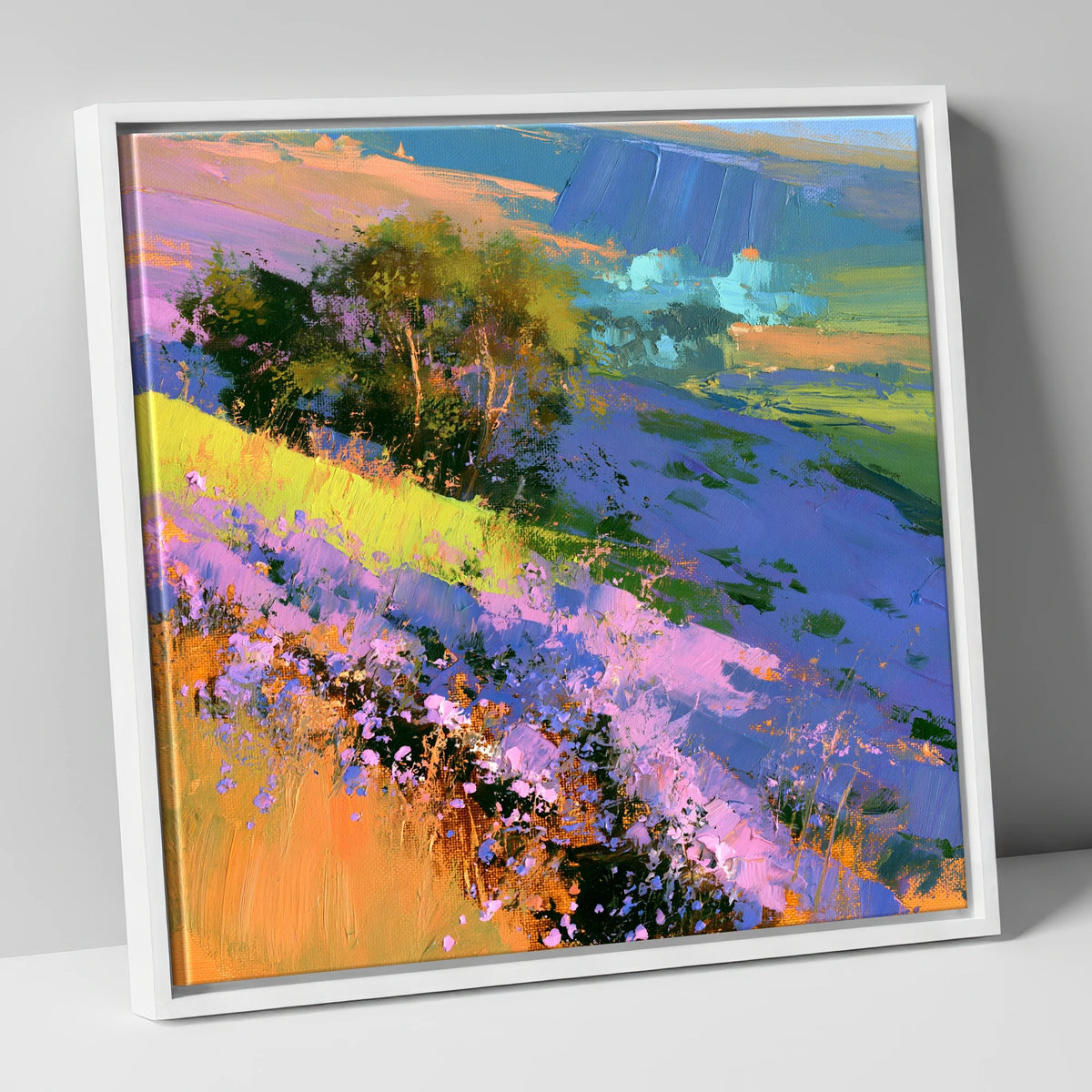 Vibrant Heather Fellside in Bloom flowers & fellsides canvas wall art in white frame