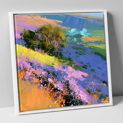 Vibrant Heather Fellside in Bloom flowers & fellsides canvas wall art in white frame
