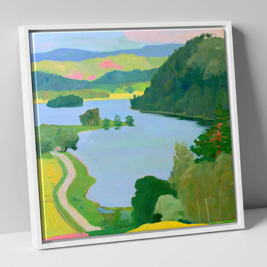 Vibrant Rydal Water Lakeside Path lake district lake canvas wall art in white frame