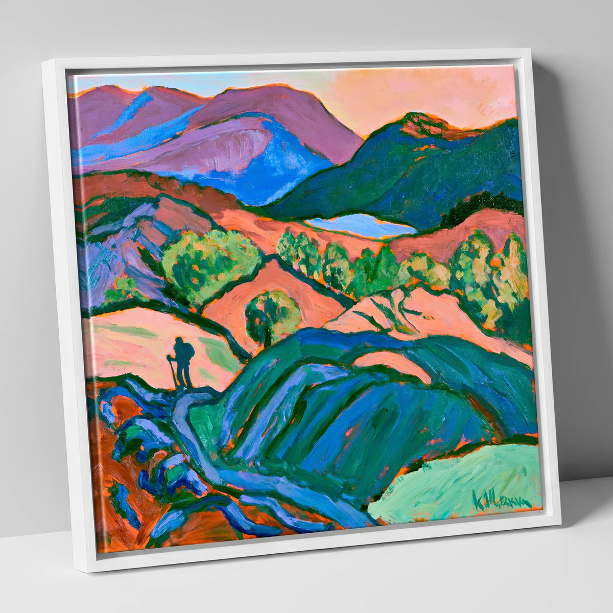 Hiker Silhouette in Vibrant Fells lake district walking canvas wall art in white frame
