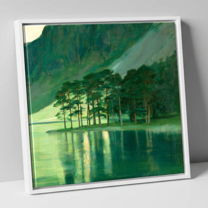 Buttermere Pines in Emerald Light lake district lake canvas wall art in white frame