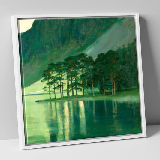Buttermere Pines in Emerald Light lake district lake canvas wall art in white frame