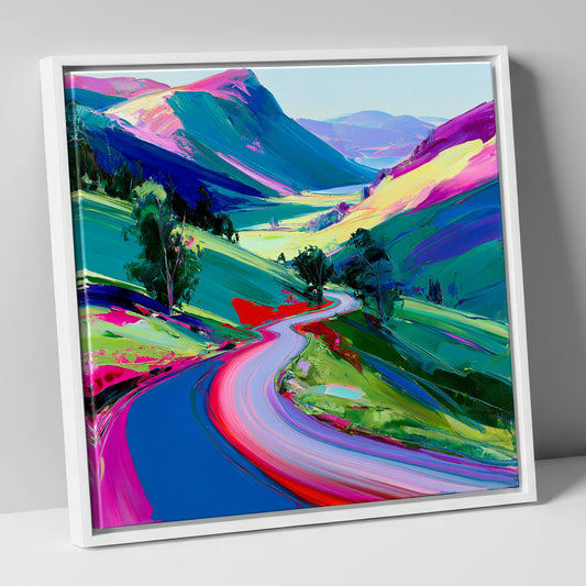 Vibrant Winding Mountain Pass lake district valley canvas wall art in white frame