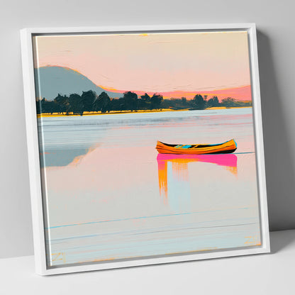 Bright Wooden Canoe on Windermere lake district lake canvas wall art in white frame