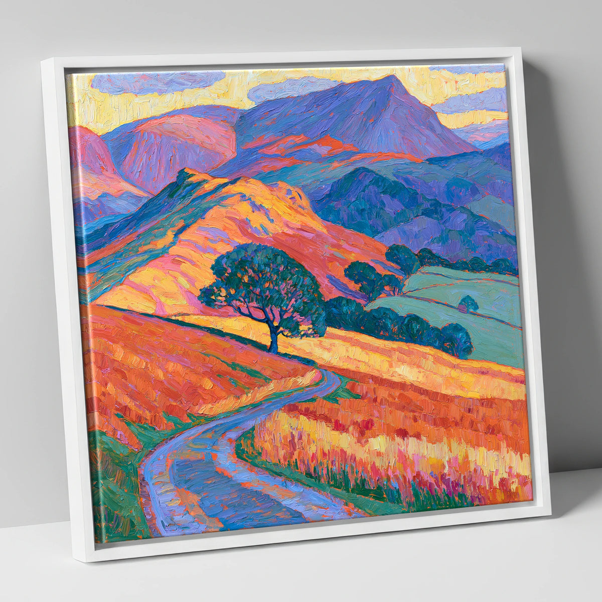 Golden Fell Track and Violet Peaks lake district sky canvas wall art in white frame