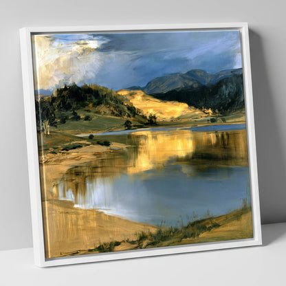 Lake Reflections in Golden Light lake district lake canvas wall art in white frame