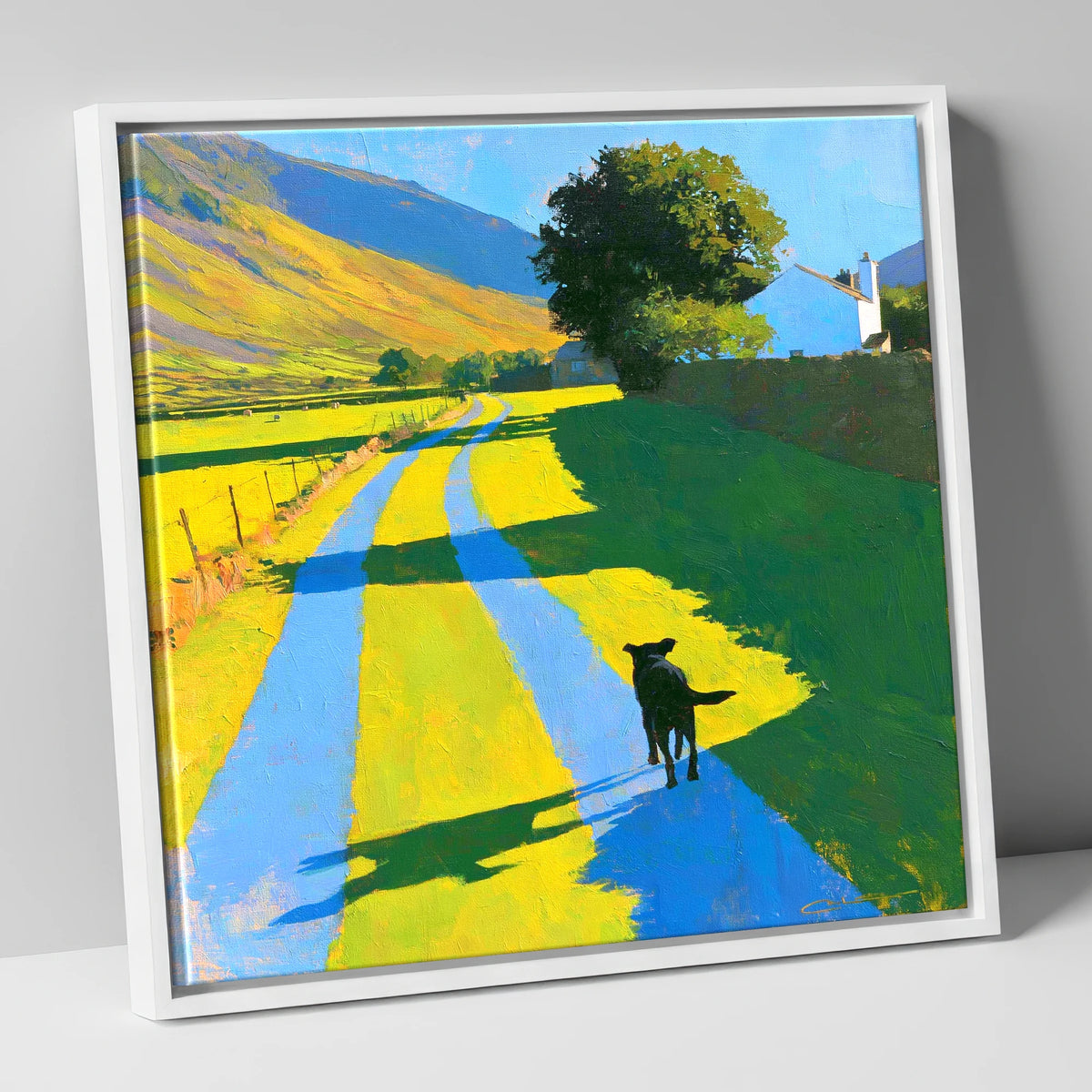 Summer Dog Walk in Wasdale gifts for dog walkers canvas wall art in white frame