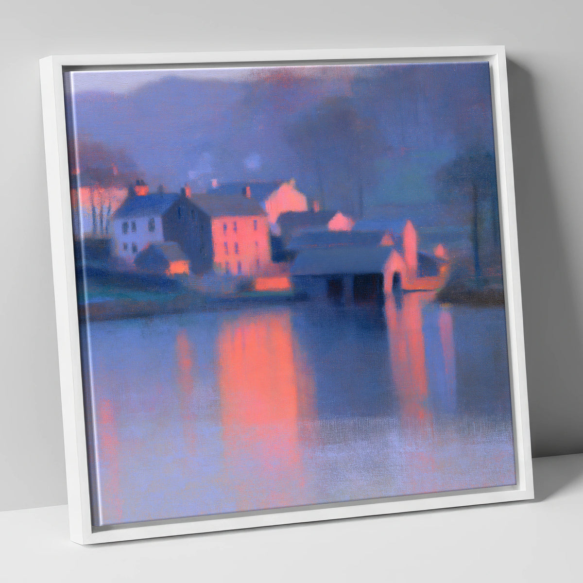 Lakeside Village in Pink Twilight lake district village canvas wall art in white frame