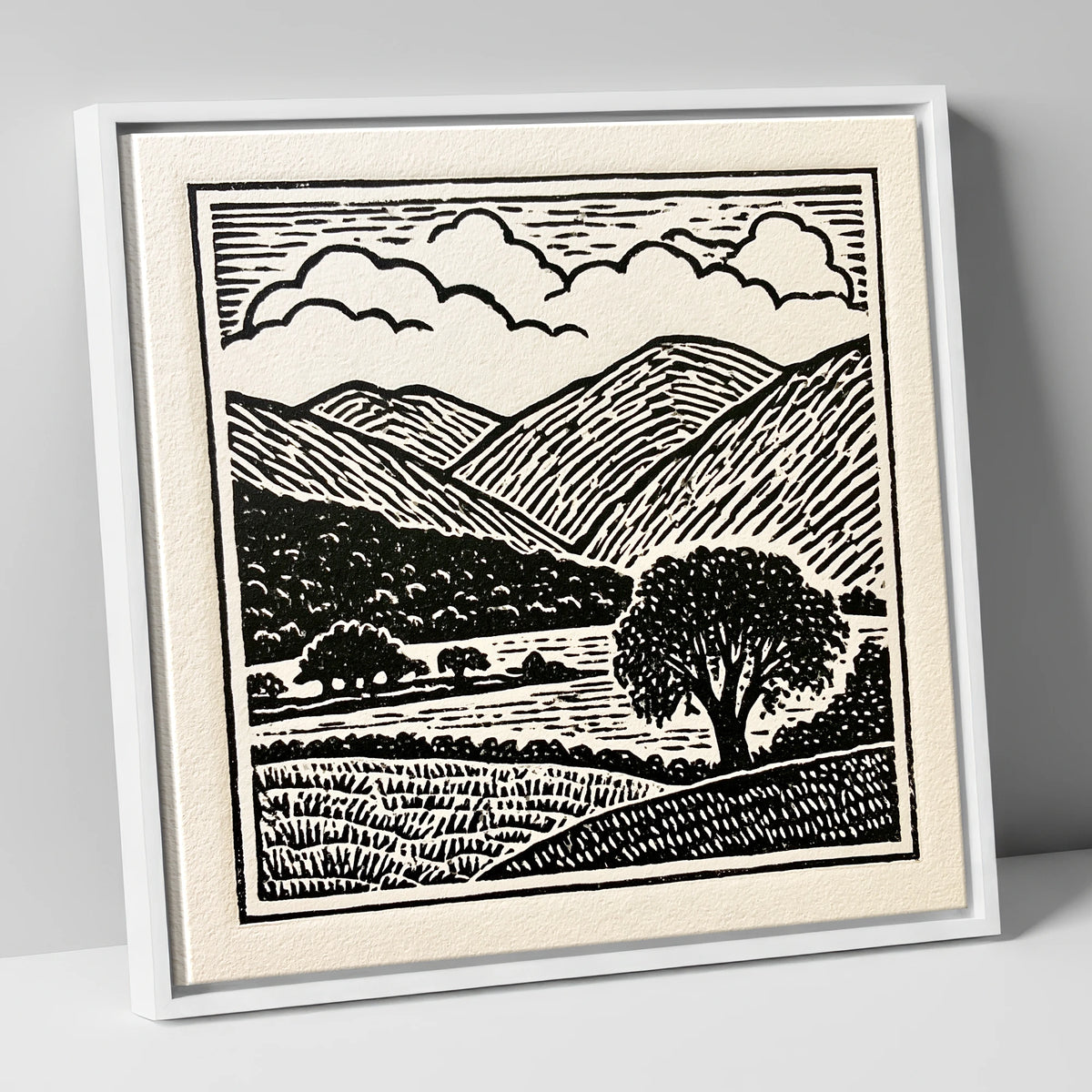 Borrowdale Fells In Striking Monochrome lake district valley canvas wall art in white frame